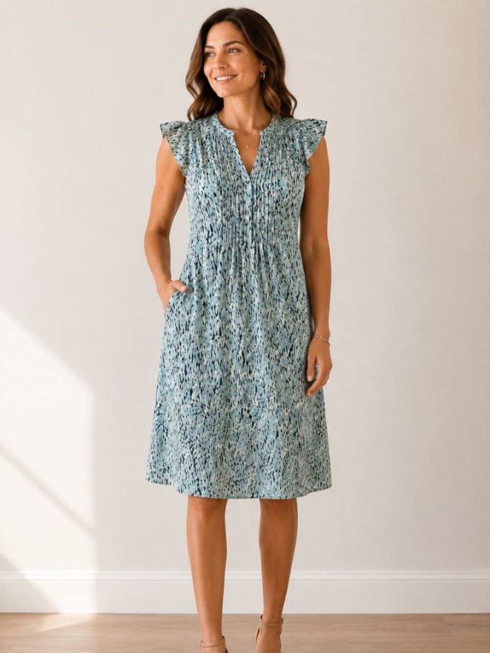 H&M Women's Mint Blue Printed Flutter Sleeve Dress Size M Lightweight Lined
